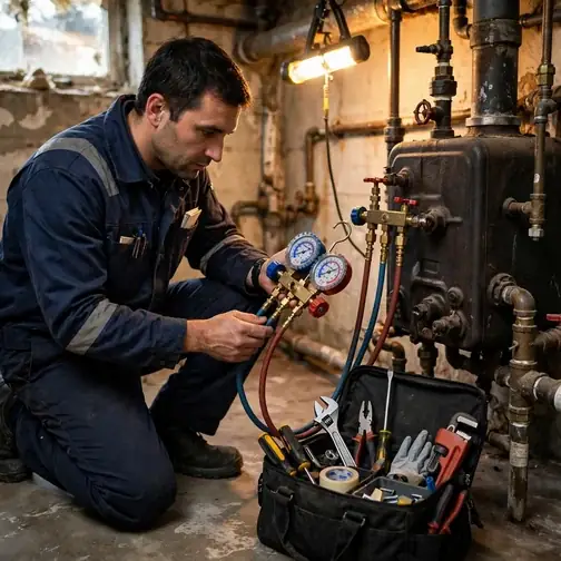 Diagnostic testing on a boiler in a Hummelstown Pennsylvania corridor home