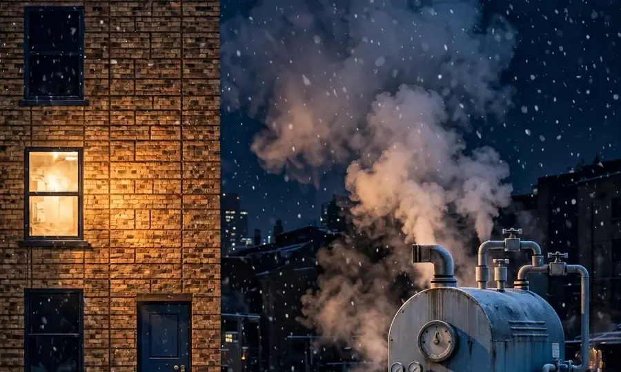 Heating service van in snow at night