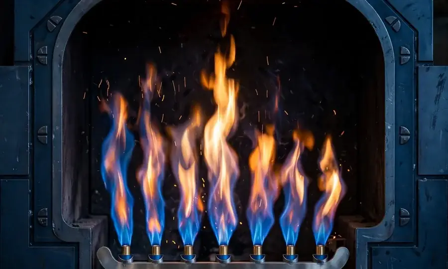 Blue gas flames inside a boiler combustion chamber