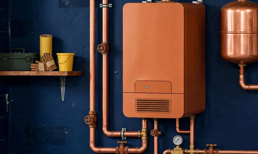 Newly installed wall-mounted boiler with copper pipework