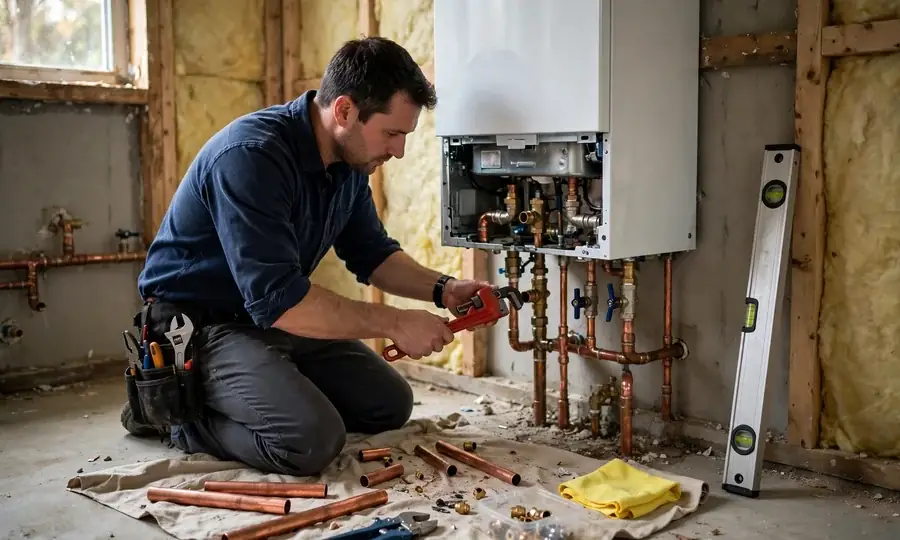 Newly installed wall-mounted boiler with copper pipework