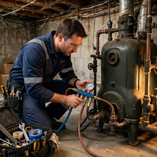 Technician inspecting an older boiler in a Langhorne Pennsylvania colonial home