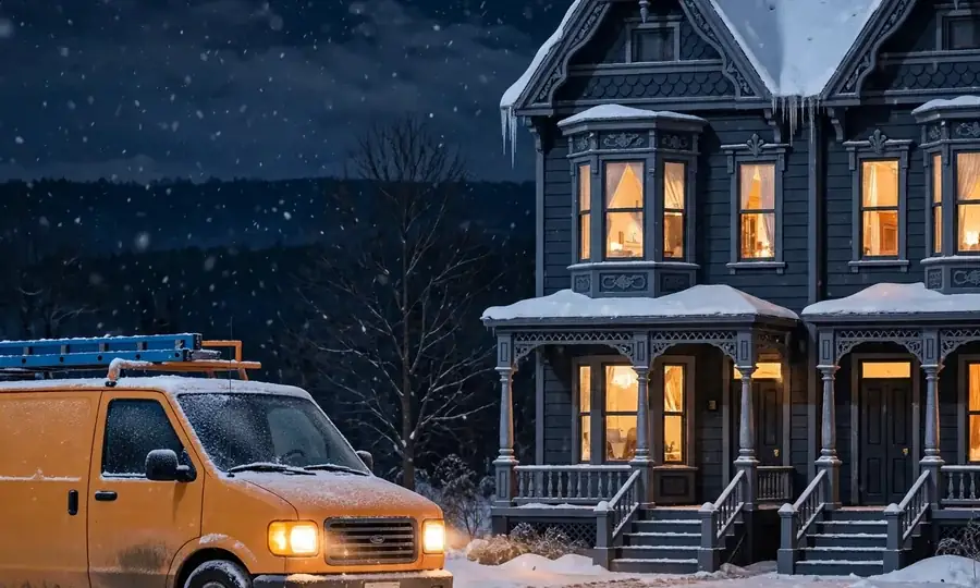 heating service van near a rail-town twin home on a snowy Lansdale night