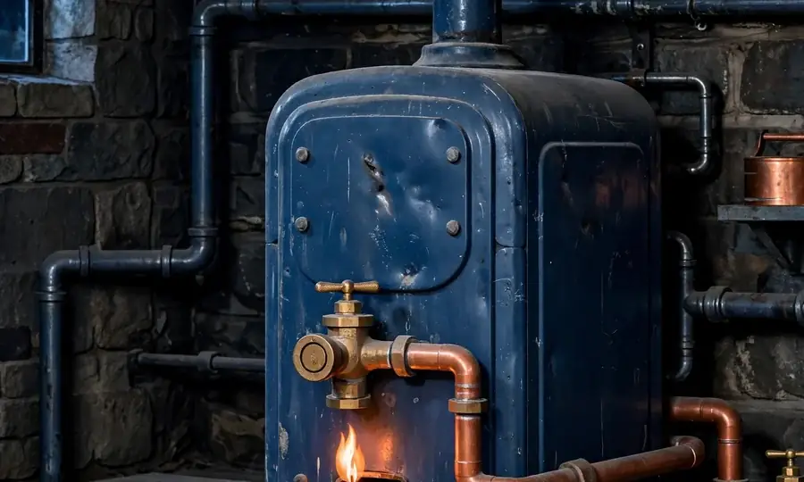 blue gas flames inside a boiler combustion chamber