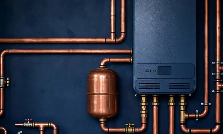 newly installed wall-mounted boiler with copper pipework