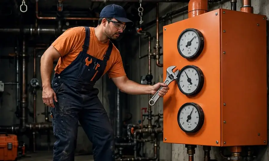 technician checking boiler pressure gauges in a Lansdale basement