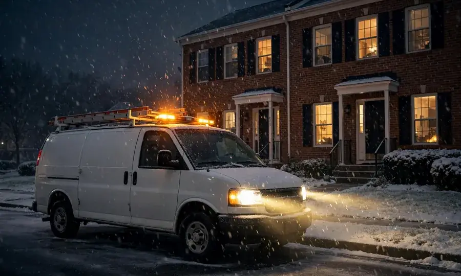 Heating service van in snow at night