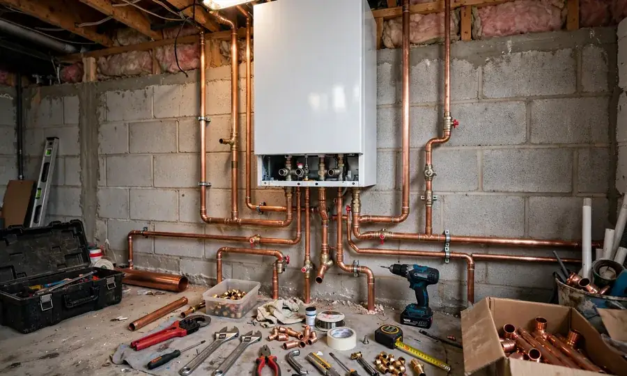 Newly installed wall-mounted boiler with copper pipework