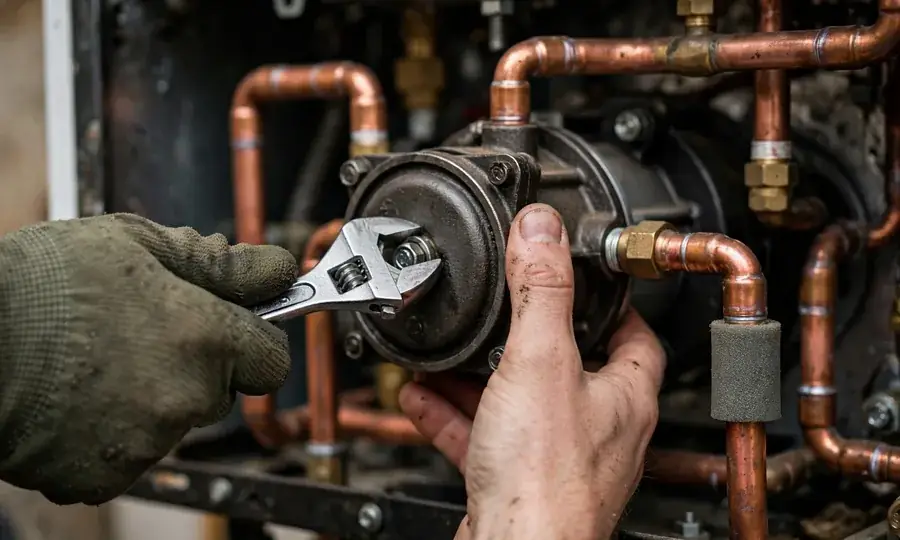 Technician checking boiler pressure gauges