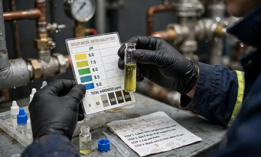 Technician testing boiler system water quality