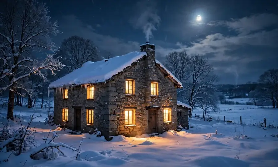 Heating service van in snow at night