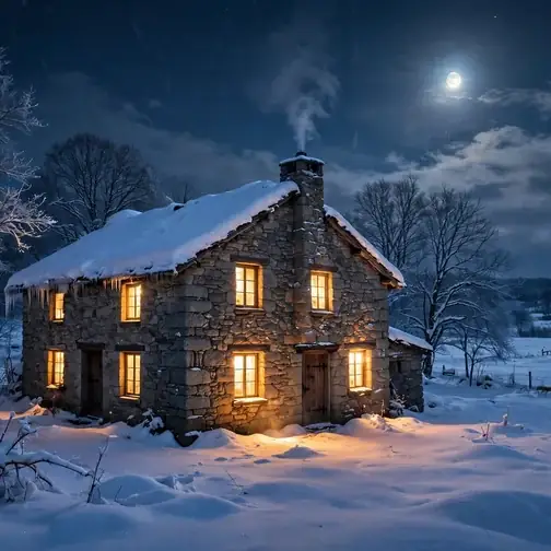 Stone farmhouse glowing warm against falling snow at night outside Lititz