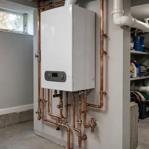 Gas boiler with copper piping in a Lititz home basement