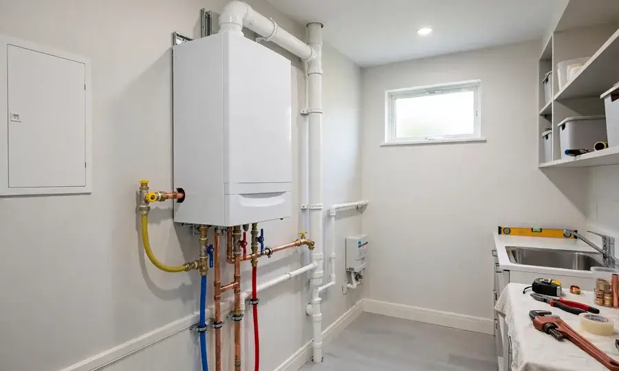Newly installed wall-mounted boiler with copper pipework