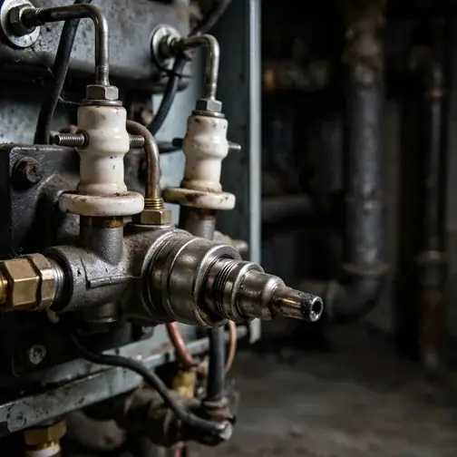 Close-up of an oil burner assembly and nozzle on a Lititz boiler