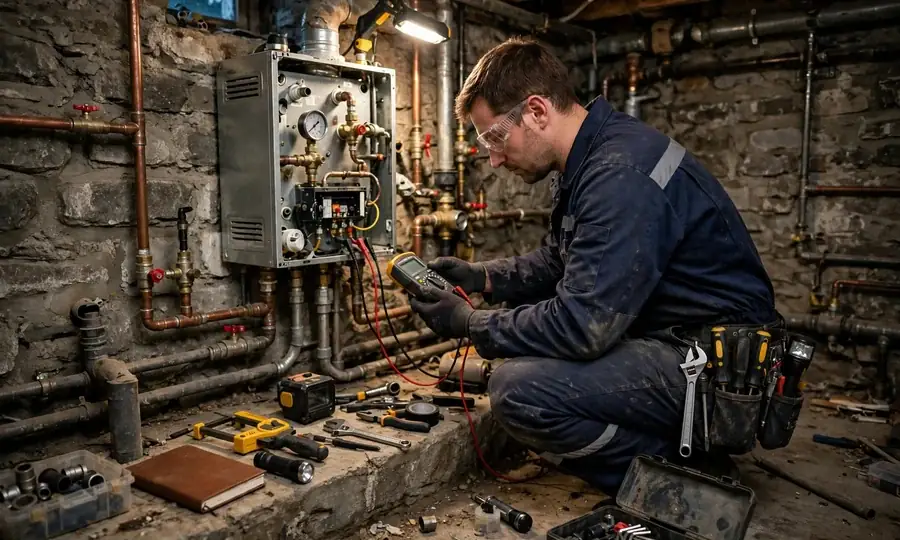 Technician checking boiler pressure gauges