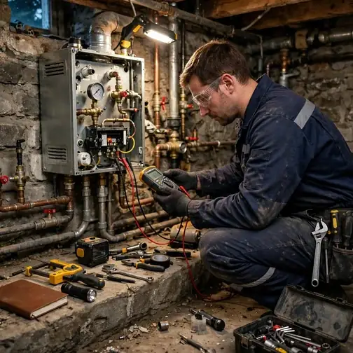 Technician testing a residential boiler with a multimeter in a Lititz basement