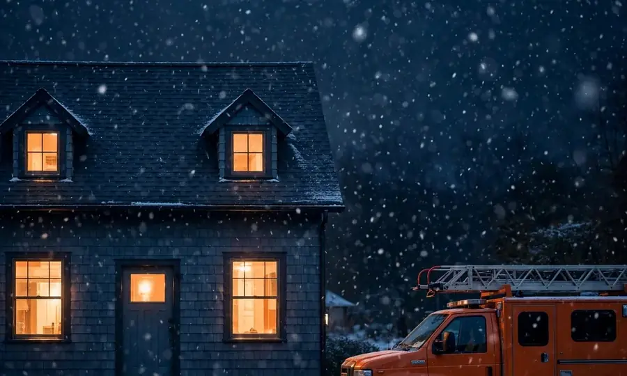 a Cape Cod house at night in falling snow with a heating service van parked outside