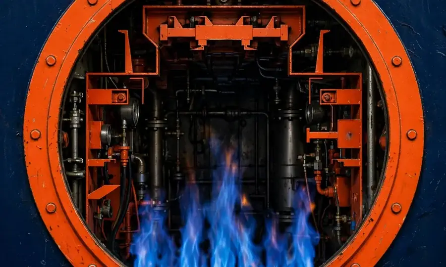 blue gas flames inside a boiler combustion chamber