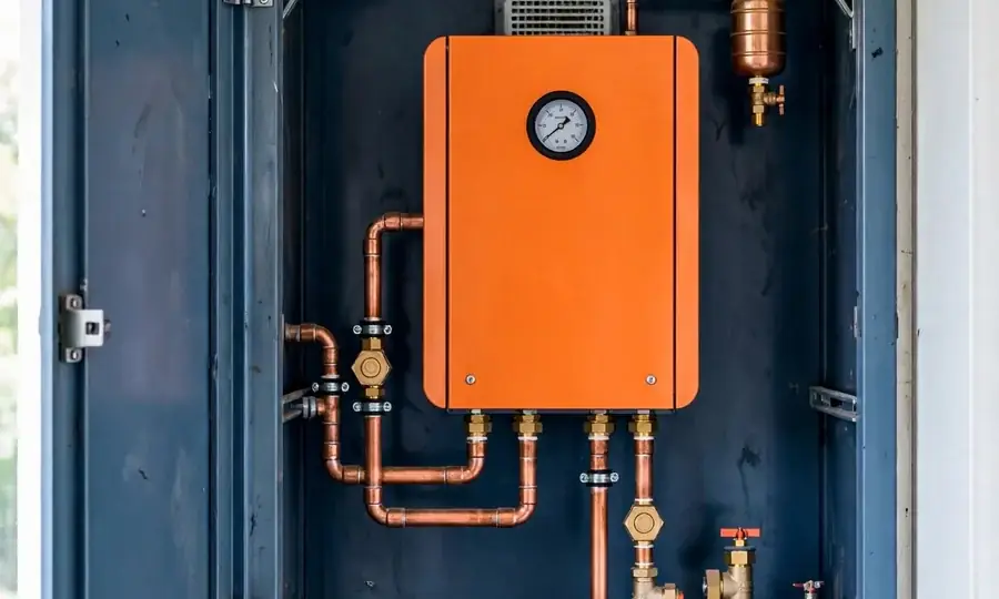 a newly installed compact boiler with copper pipework in a utility closet