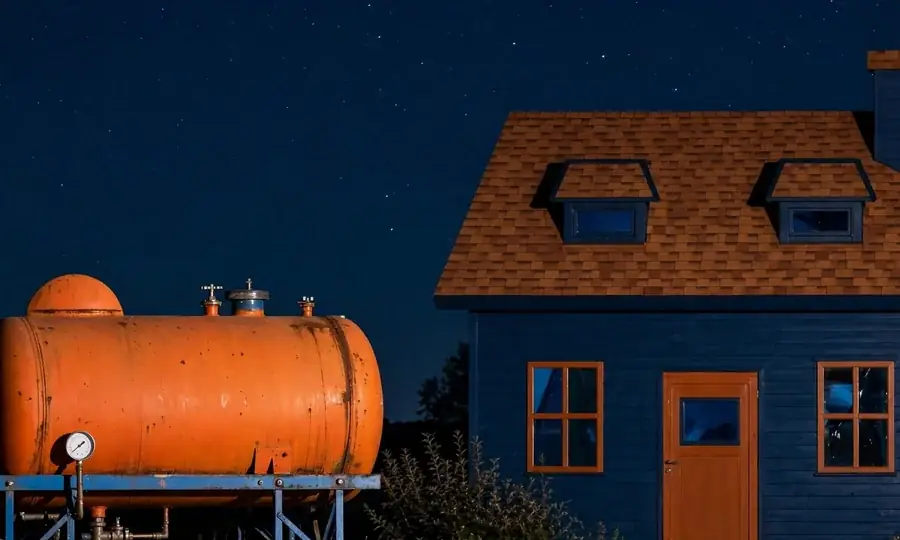 an above-ground outdoor home heating oil tank beside a Cape Cod house