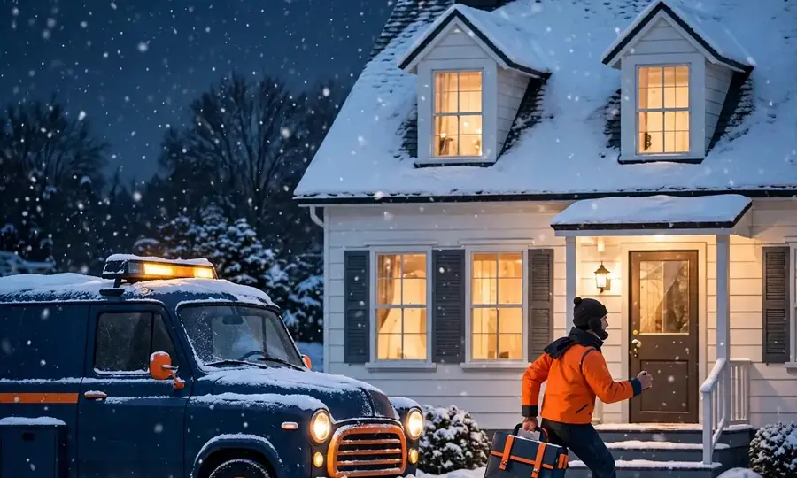 an emergency boiler service van in snow at night