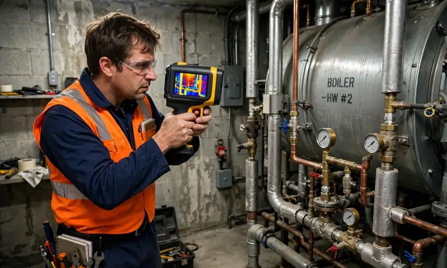 Technician checking boiler pressure gauges