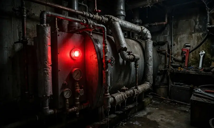 Boiler with red warning light in a dark basement