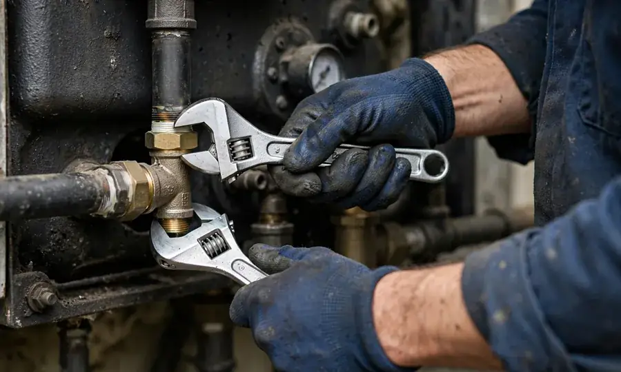 Technician tightening a pipe fitting on a boiler