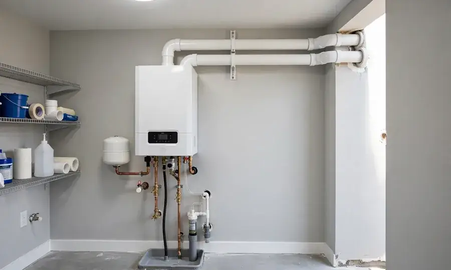 Newly installed wall-mounted boiler with copper pipework