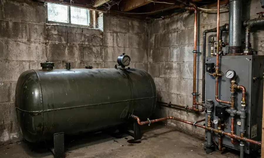 Home heating oil tank with fuel line to burner
