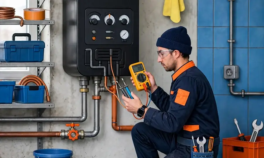 a technician testing a boiler control panel with diagnostic tools