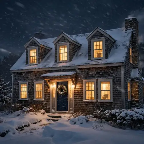 Cape house with warm glowing windows in falling snow during a Marshfield winter storm