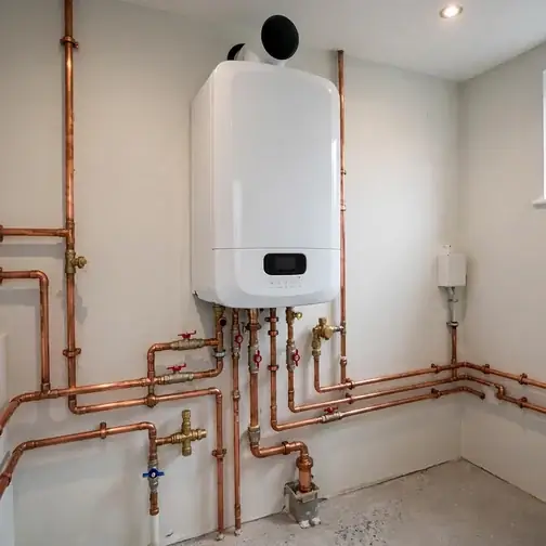 Gas boiler with copper piping in a residential utility room