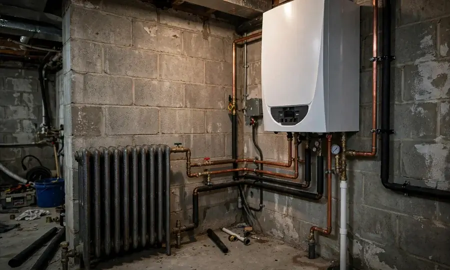 Newly installed wall-mounted boiler with copper pipework