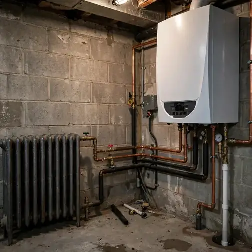New boiler connected to existing cast-iron radiators in a basement