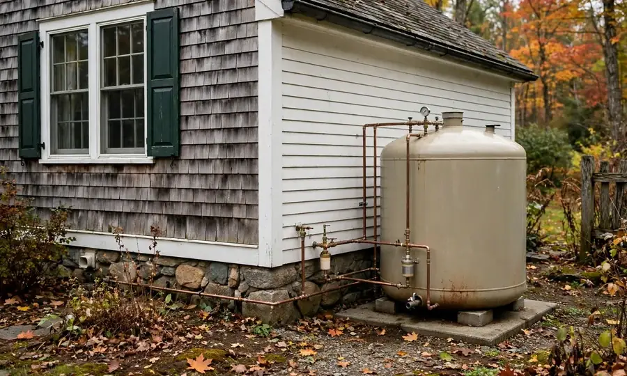 Home heating oil tank with fuel line to burner