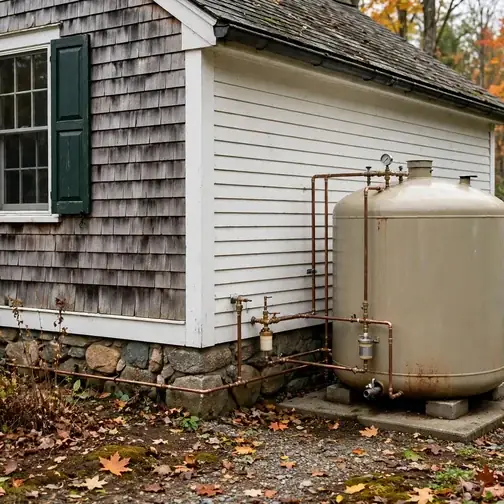 Above-ground heating oil tank beside a New England home