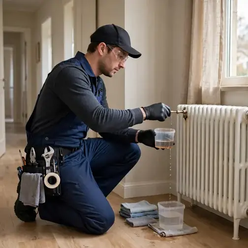 Heating technician bleeding air from a cast-iron radiator during a boiler service visit