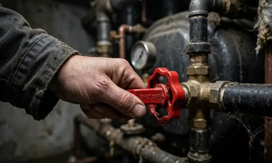 Hand turning a red shutoff valve
