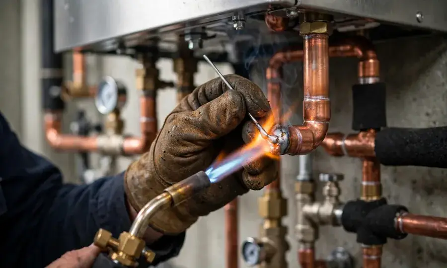 Technician soldering copper pipes