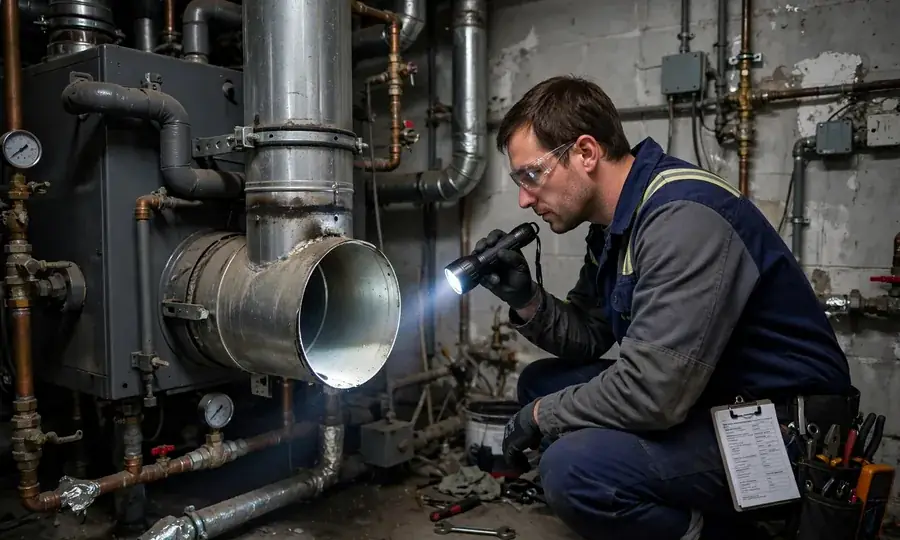 Technician inspecting a boiler flue pipe with a flashlight