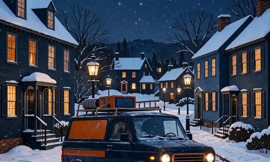 Heating service van in snow at night