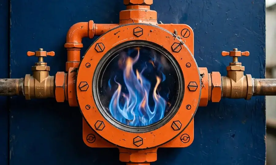 Blue gas flames inside a boiler combustion chamber