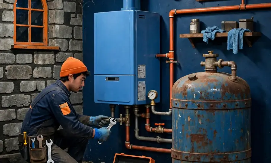 Newly installed wall-mounted boiler with copper pipework