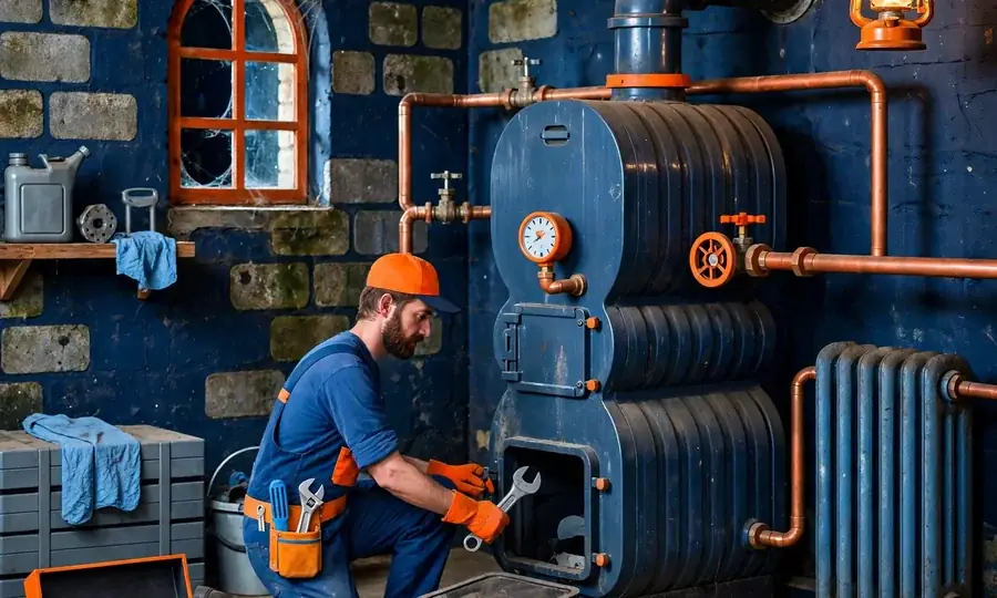 Technician checking boiler pressure gauges
