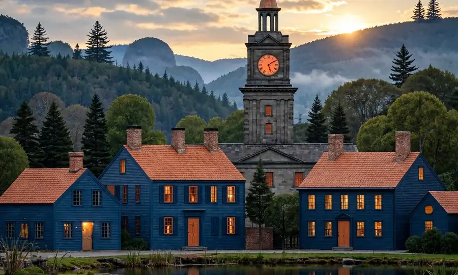 Middletown Connecticut on the river, historic homes with chimneys at dusk