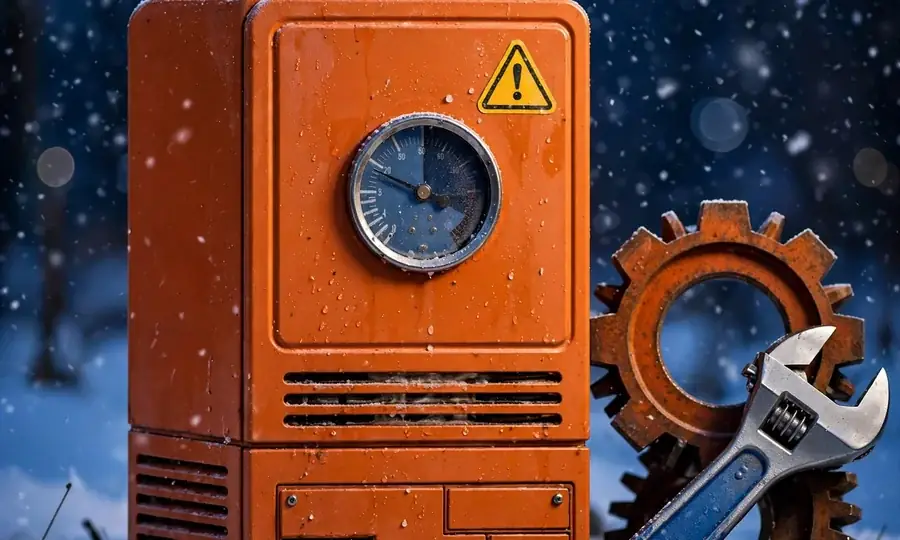 a heating technician servicing a boiler on a snowy night