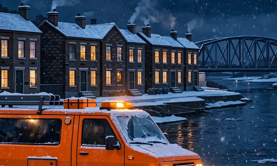 an emergency boiler service van in snow at night