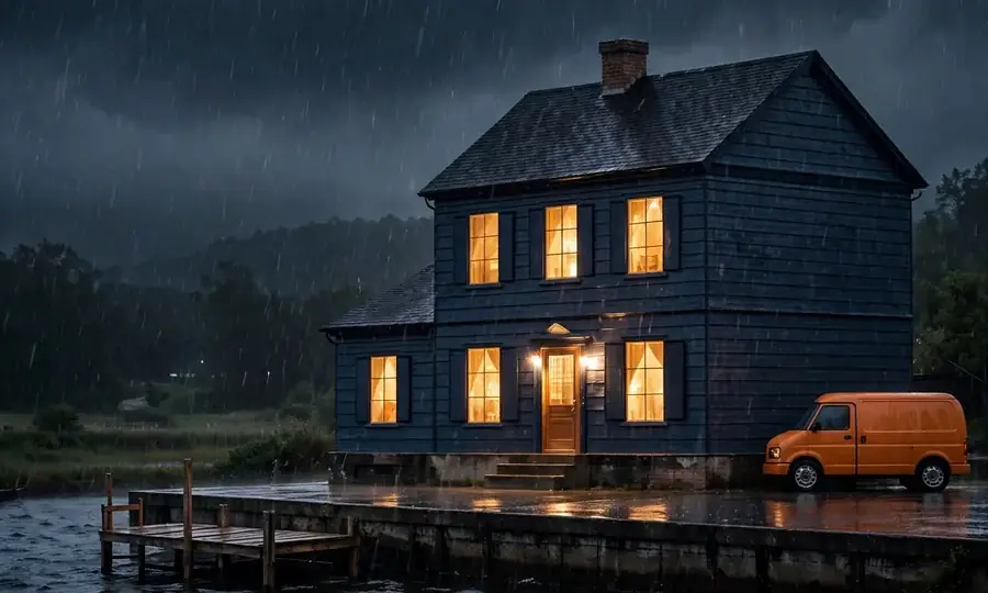 a waterfront colonial house at night in a storm with a service van outside